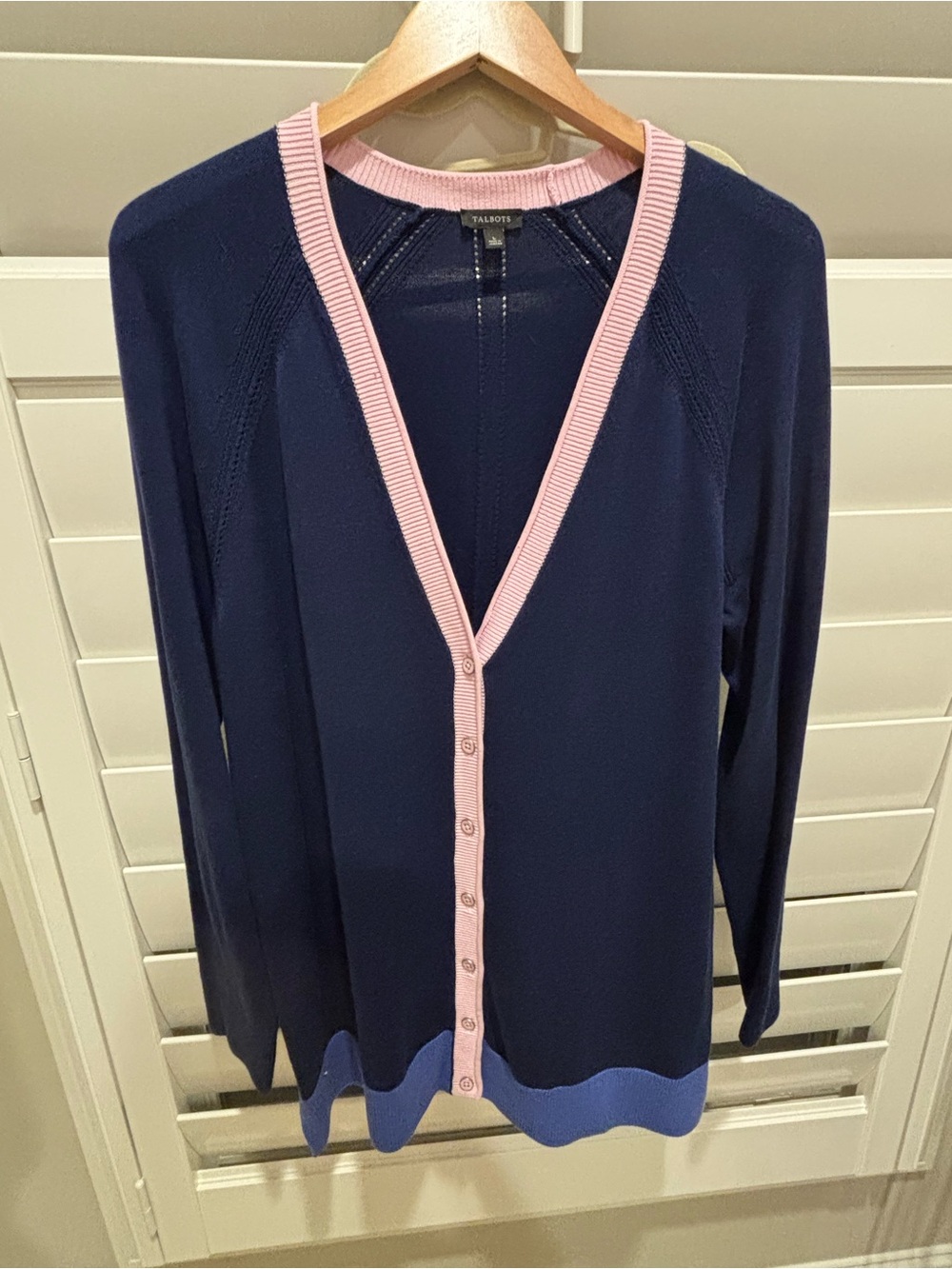 Talbots Navy Cardigan with Pink Trim and Blue Hem